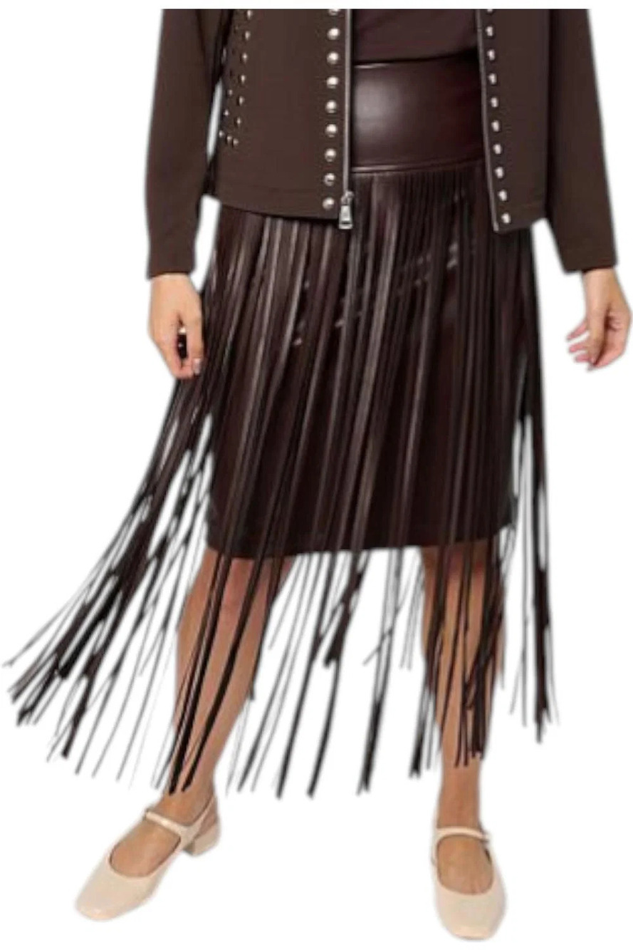 Colleen Lopez Women's Faux Leather Midi Skirt with Fringe Brown - Regular